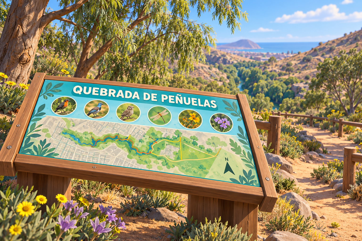 Ilustración del panel de la Quebrada de Peñuelas, con su mapa y vegetación costera
